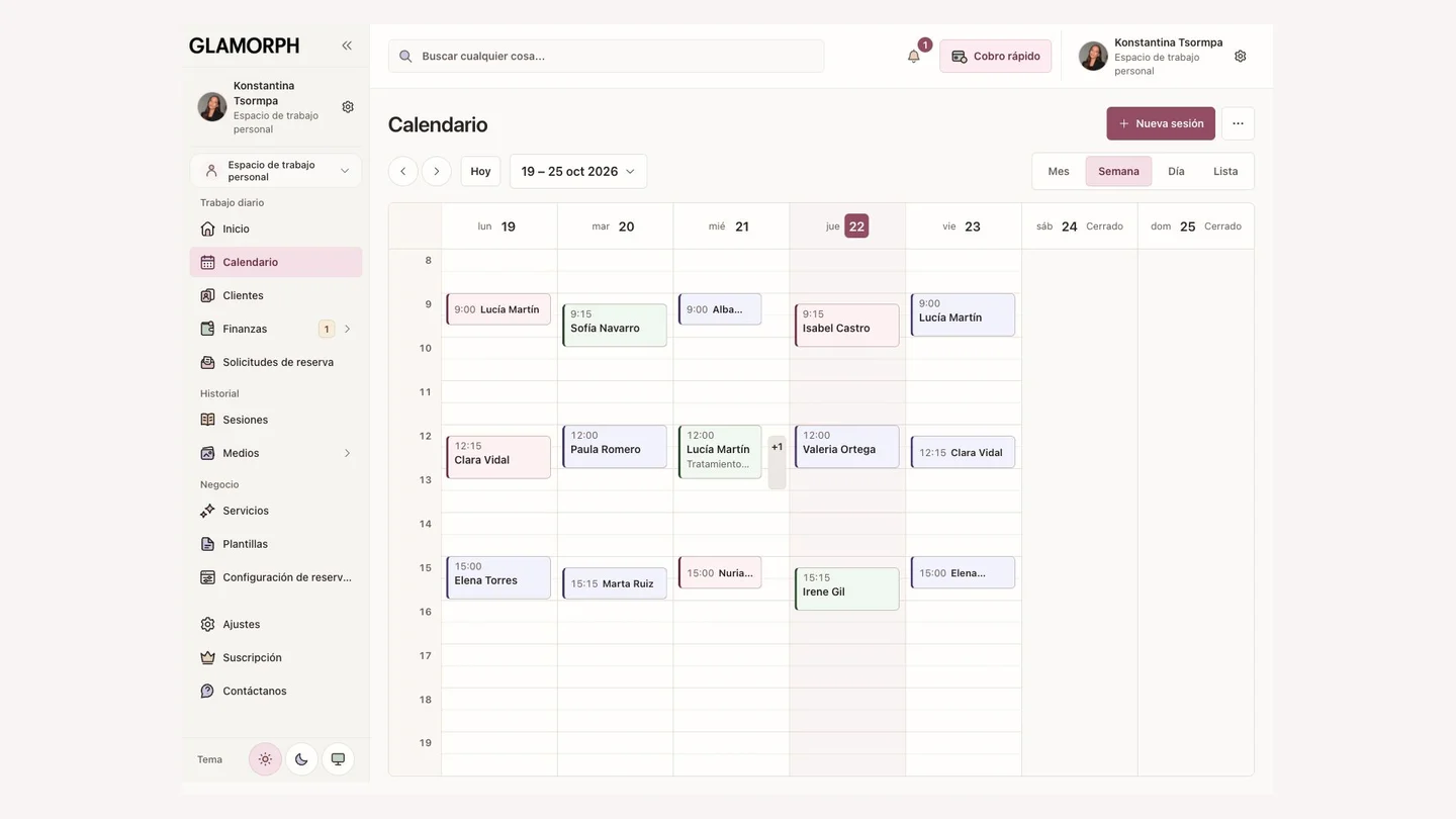 Agenda de Glamorph en español con citas de estética y clientas ficticias.