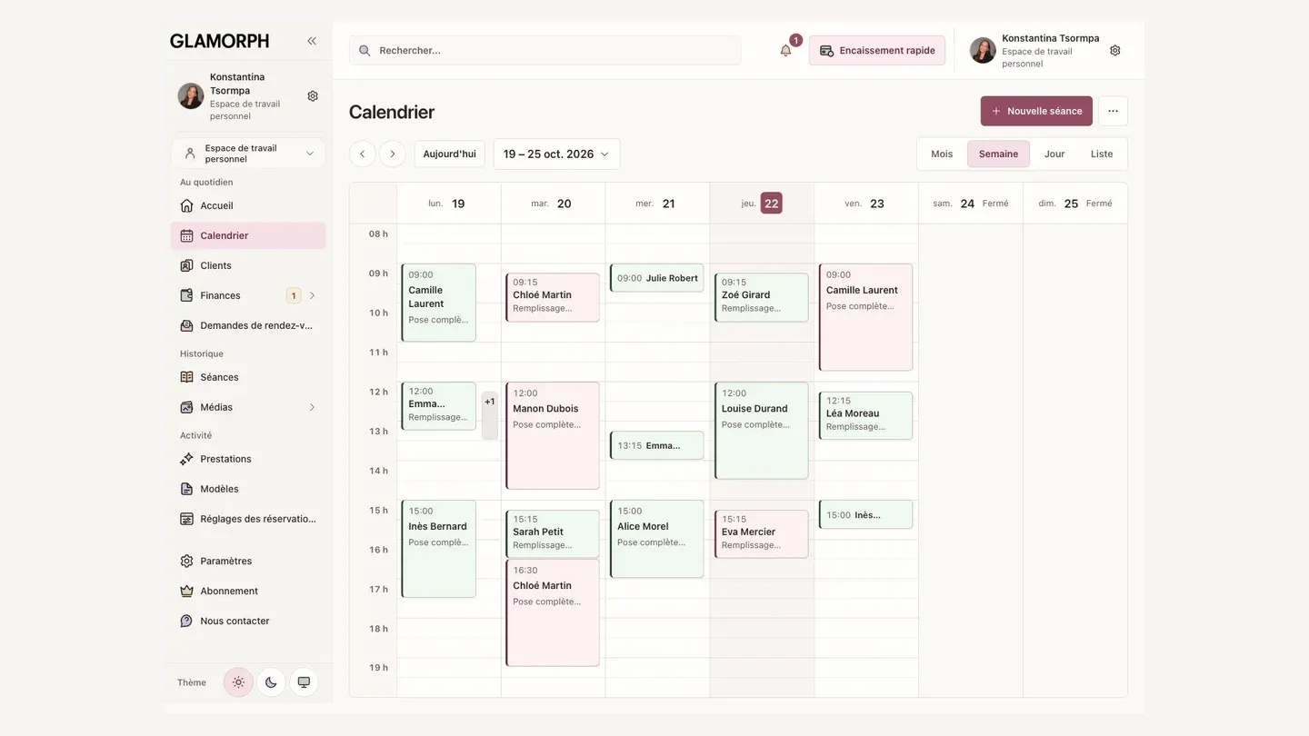 Agenda Glamorph en français avec des rendez-vous de démonstration pour un studio de cils.