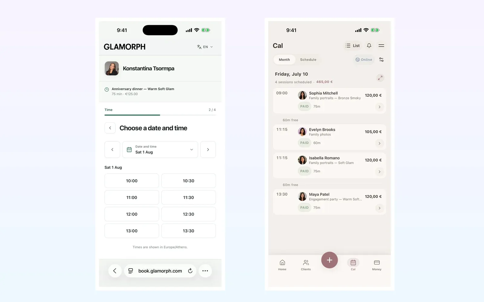 Glamorph public booking availability beside the connected calendar and a cancelled booking with its deposit state.