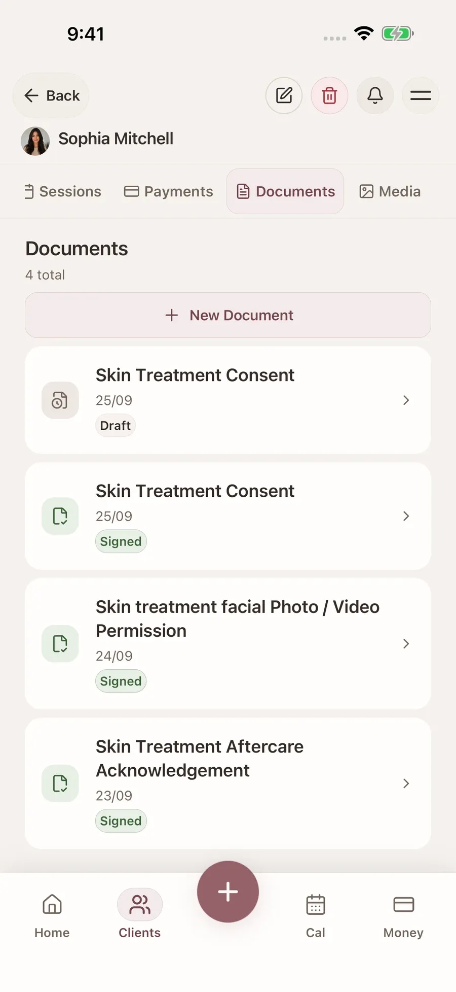 A fictional client's Documents tab in Glamorph, showing drafts and signed records.