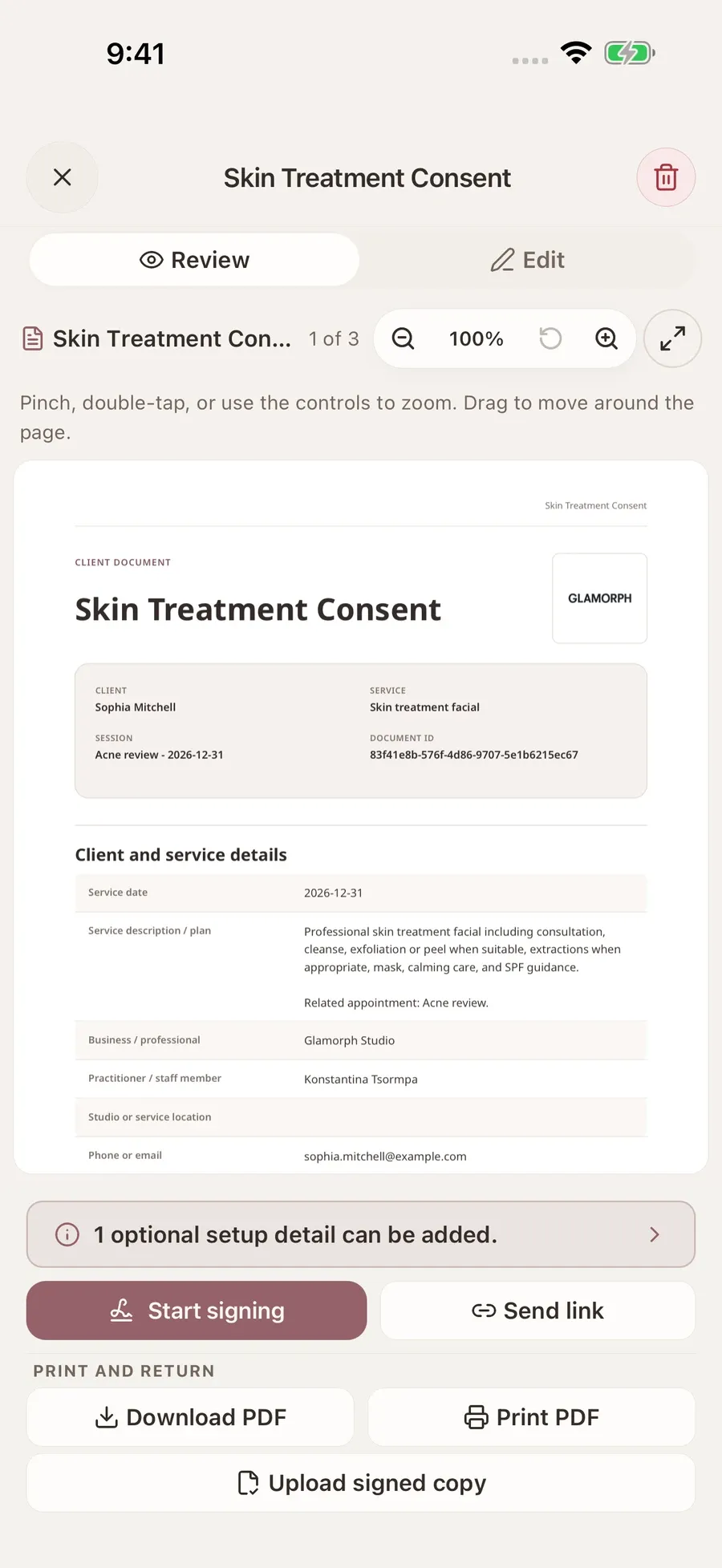 A skin-service consent draft being reviewed in the Glamorph mobile app.