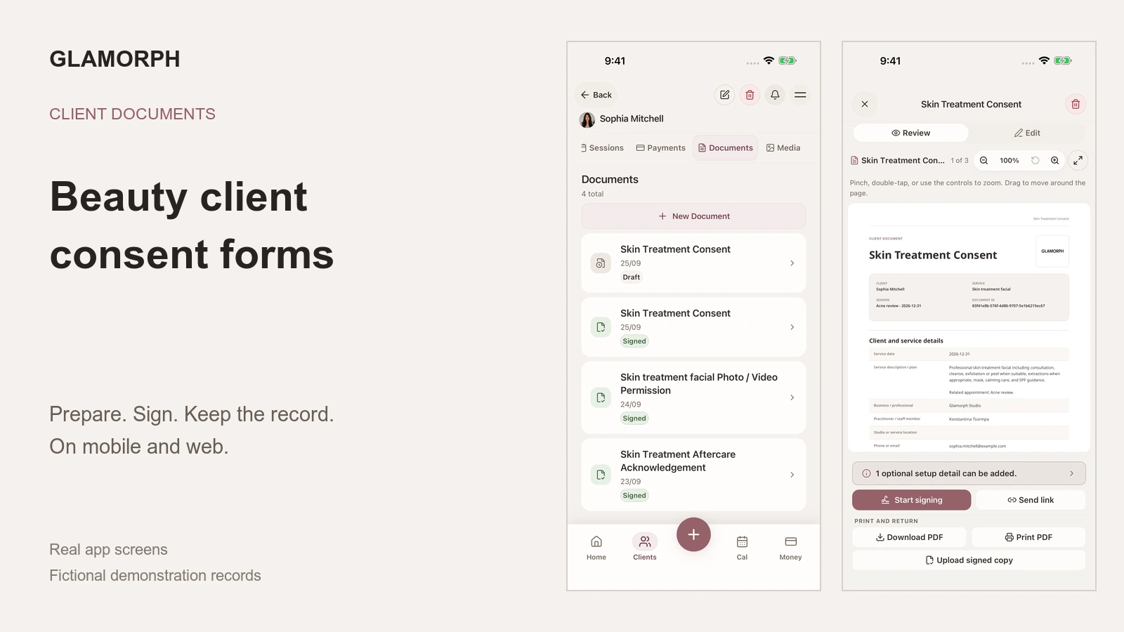 Glamorph consent-document list and form review on mobile, using fictional client data.
