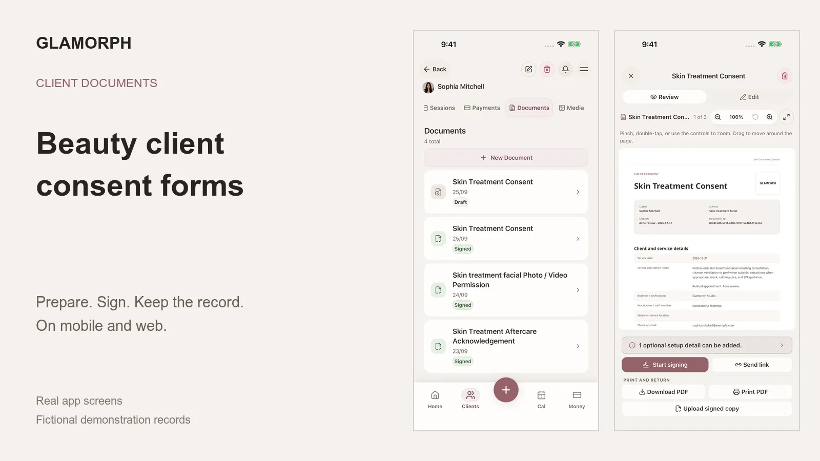 Glamorph consent-document list and form review on mobile, using fictional client data.