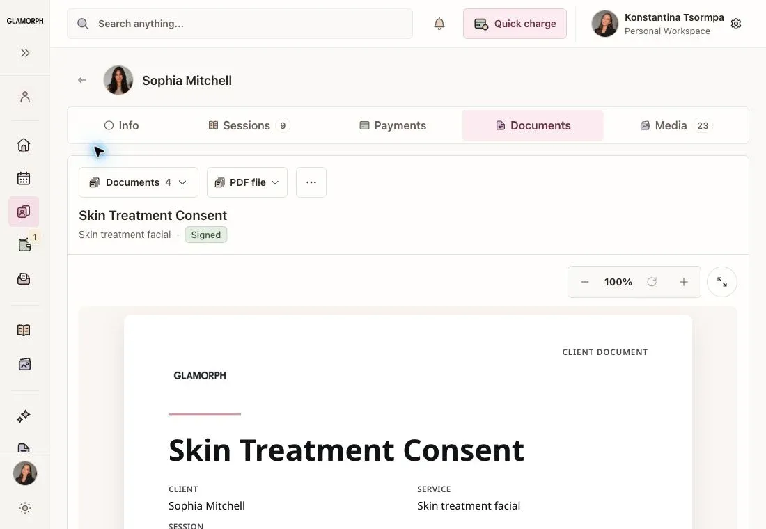 The Glamorph web app showing a consent draft and its Paper copy menu: Print / Save, Download PDF and Upload signed copy.