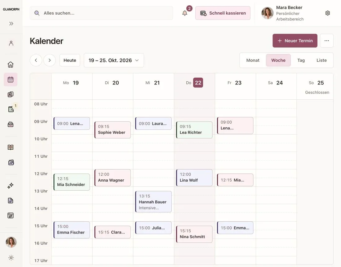 Deutscher Glamorph-Kalender mit mehreren Kundenterminen und unterschiedlichen Behandlungen.