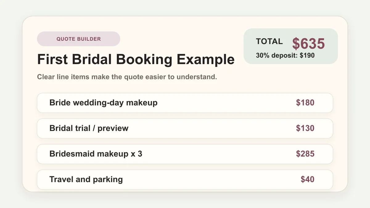 Bridal makeup quote builder showing bride makeup, trial, bridal party, travel, deposit, and balance.