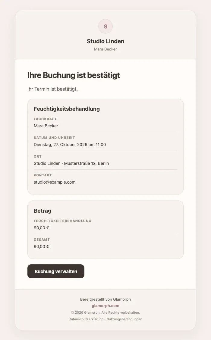 Deutsche Glamorph-Bestätigungs-E-Mail für eine Feuchtigkeitsbehandlung mit Leistung, Termin und Verwaltungslink.