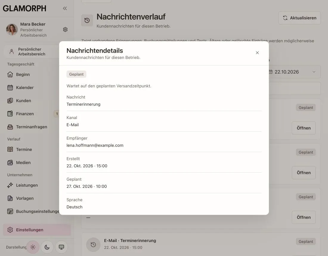 Details einer geplanten E-Mail-Erinnerung mit Empfänger, Versandzeit und Sprache.