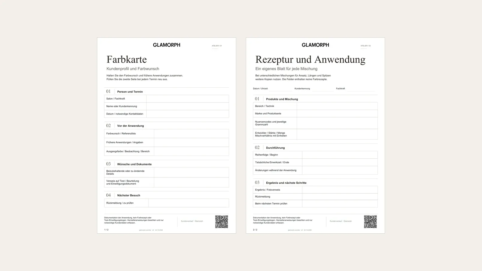 Zwei vollständige Seiten der deutschen Friseur-Vorlage: Kundenprofil mit Farbwunsch und eigenes Rezepturprotokoll.