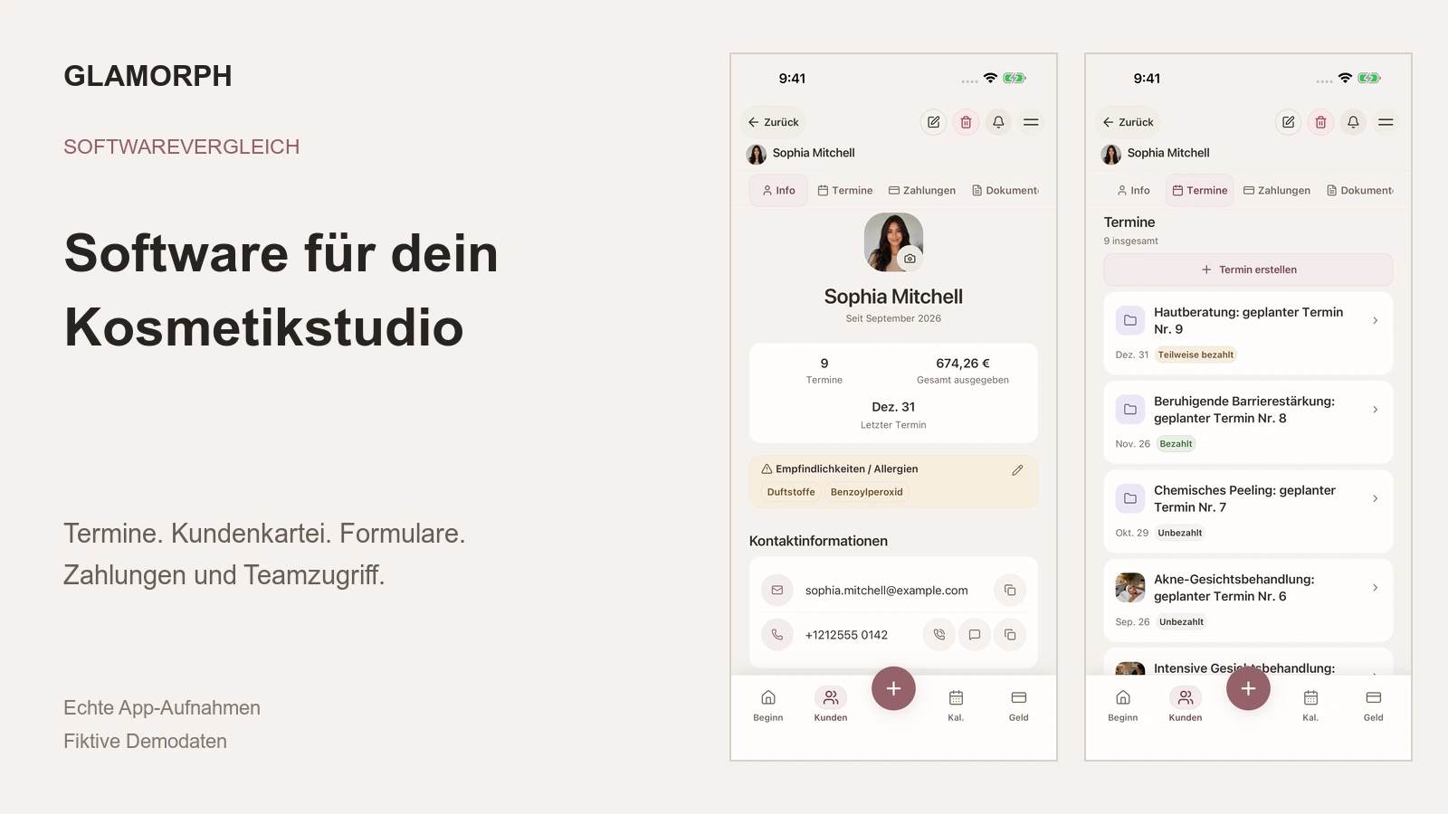 Glamorph auf Deutsch mit Kundenkartei und Behandlungsterminen eines fiktiven Kosmetikstudios.