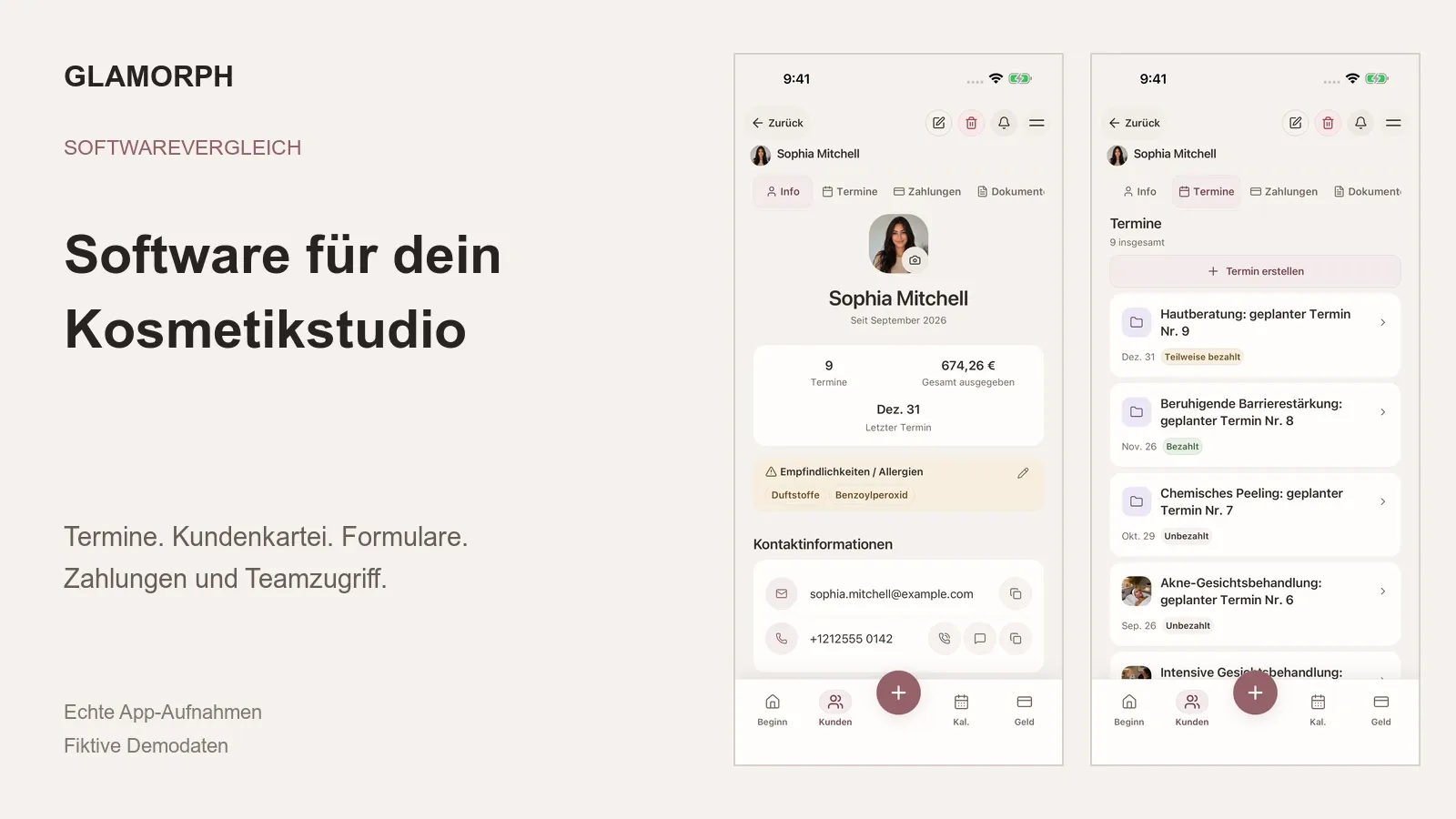 Glamorph auf Deutsch mit Kundenkartei und Behandlungsterminen eines fiktiven Kosmetikstudios.