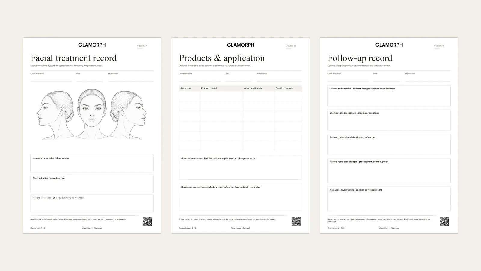 Complete pages of the sage facial workbook: face-and-neck map, product and application table, and follow-up record.