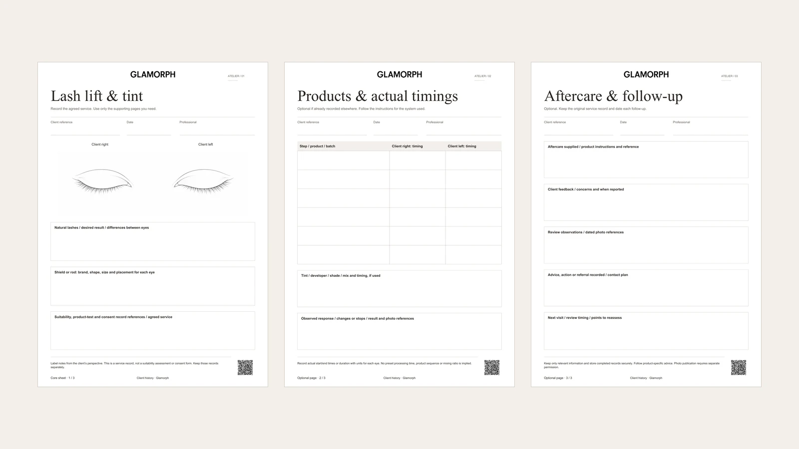 Three complete pages of the beige lash-lift workbook: eye map, product timings and follow-up record.
