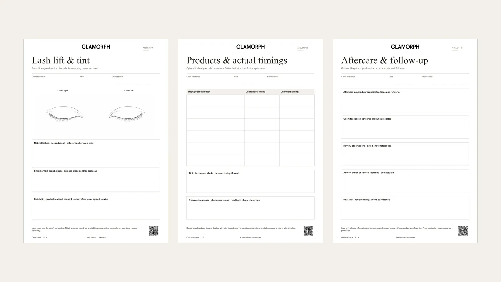 Three complete pages of the beige lash-lift workbook: eye map, product timings and follow-up record.