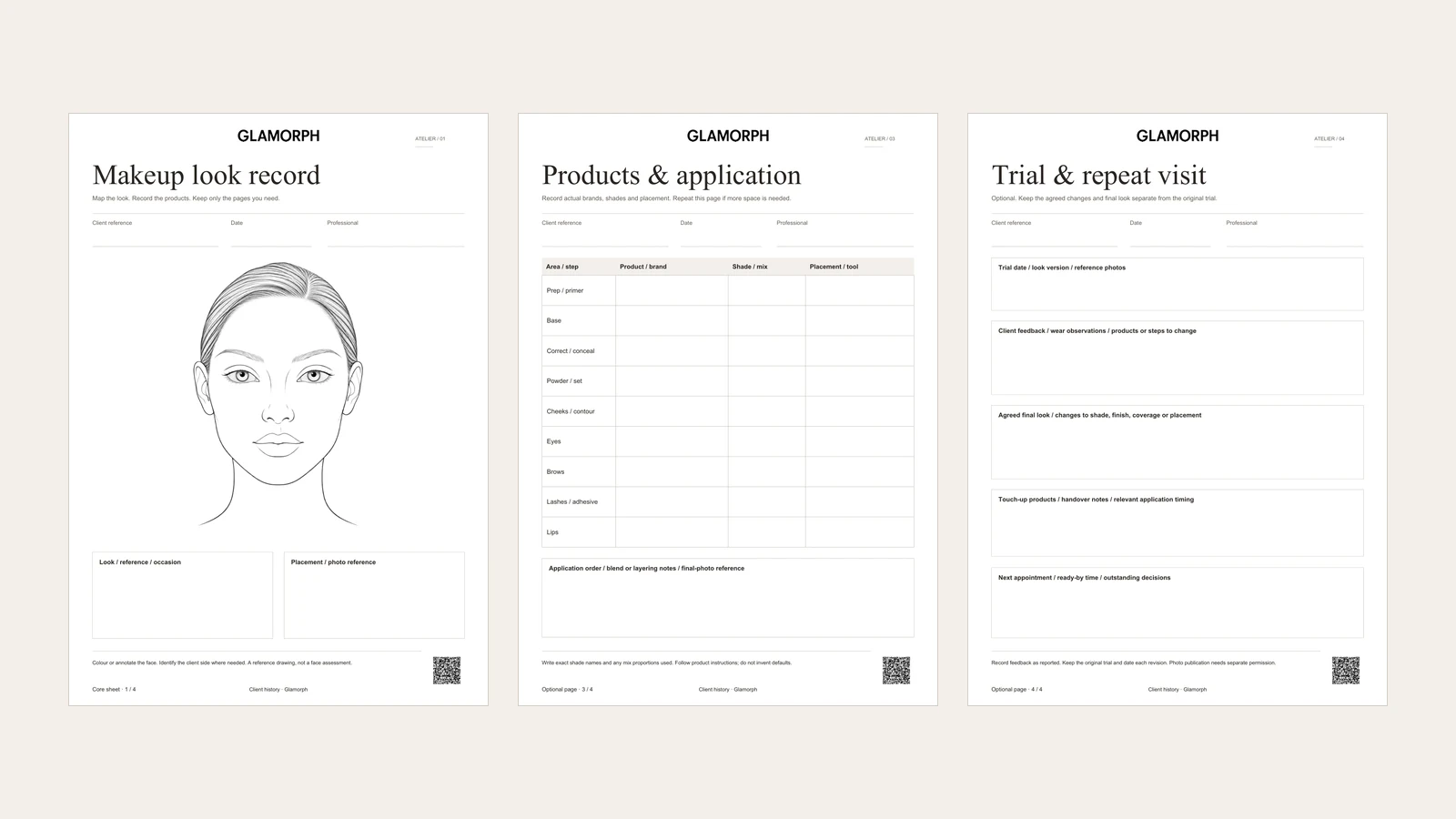 Complete face-chart, product-record and trial-review pages from the beige makeup workbook.