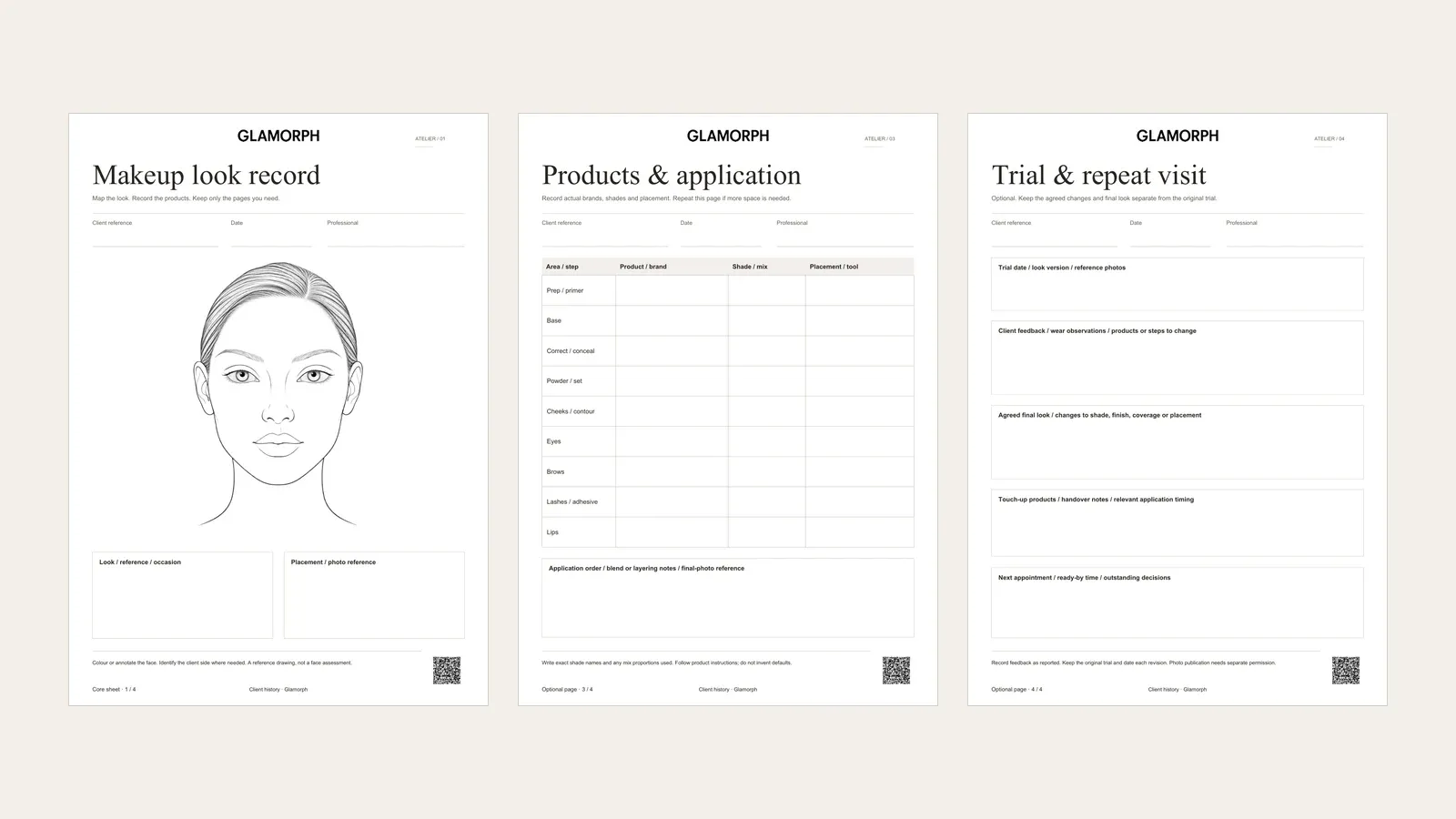 Complete face-chart, product-record and trial-review pages from the beige makeup workbook.