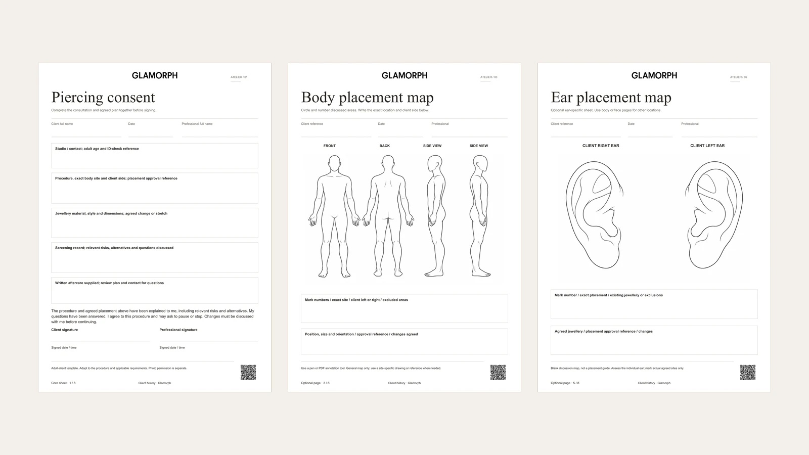 Complete piercing consent, body-map and ear-map pages from the eight-page pack.