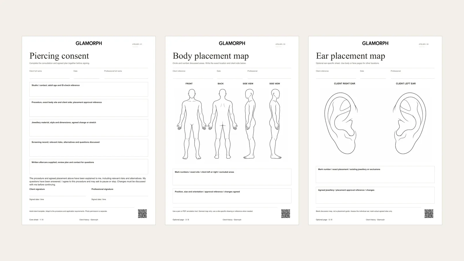 Complete piercing consent, body-map and ear-map pages from the eight-page pack.