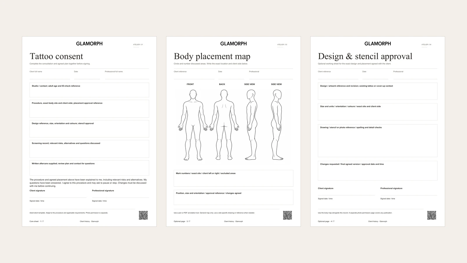 Complete tattoo consent, body-map and stencil-approval pages from the seven-page pack.