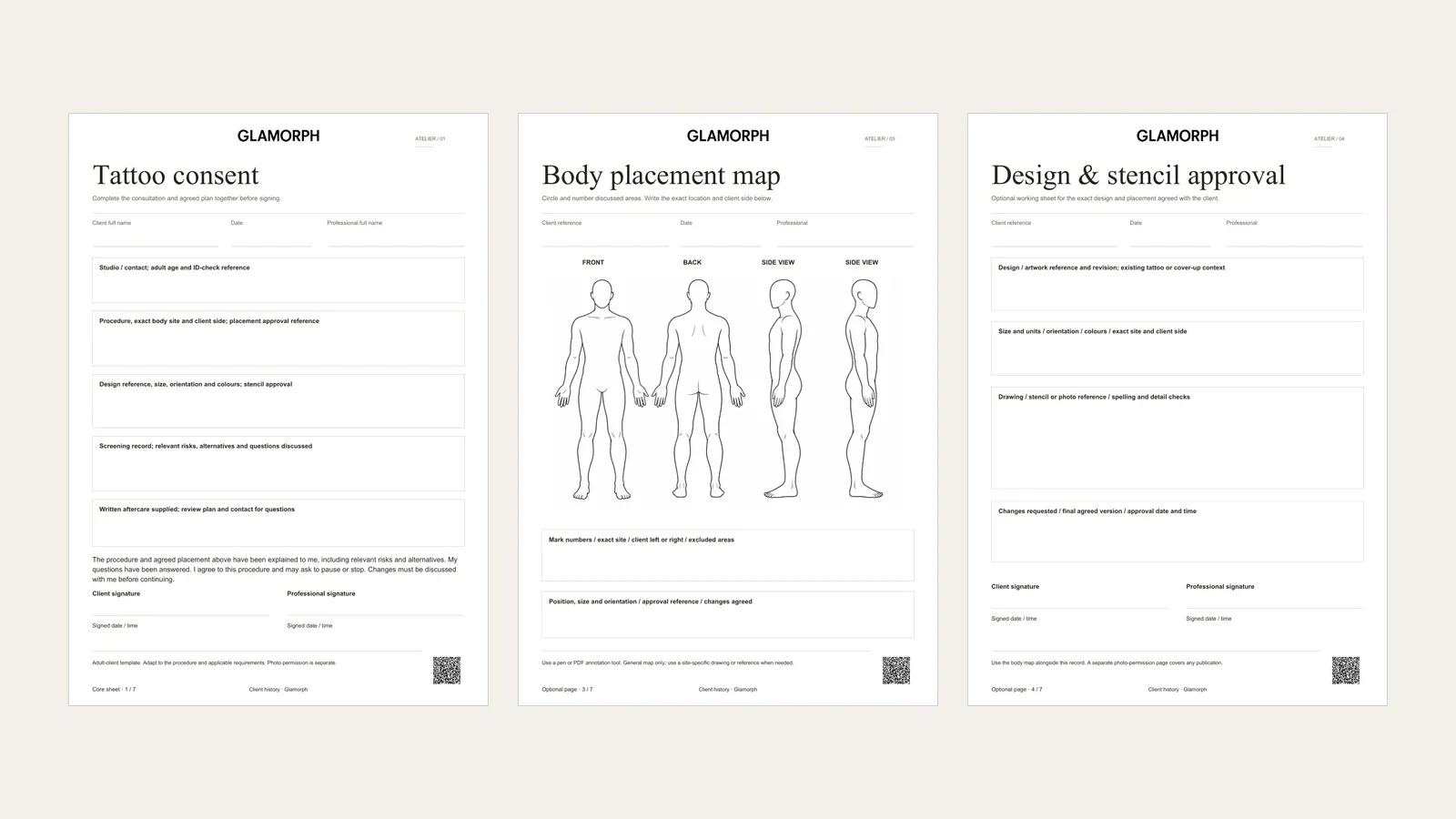 Complete tattoo consent, body-map and stencil-approval pages from the seven-page pack.