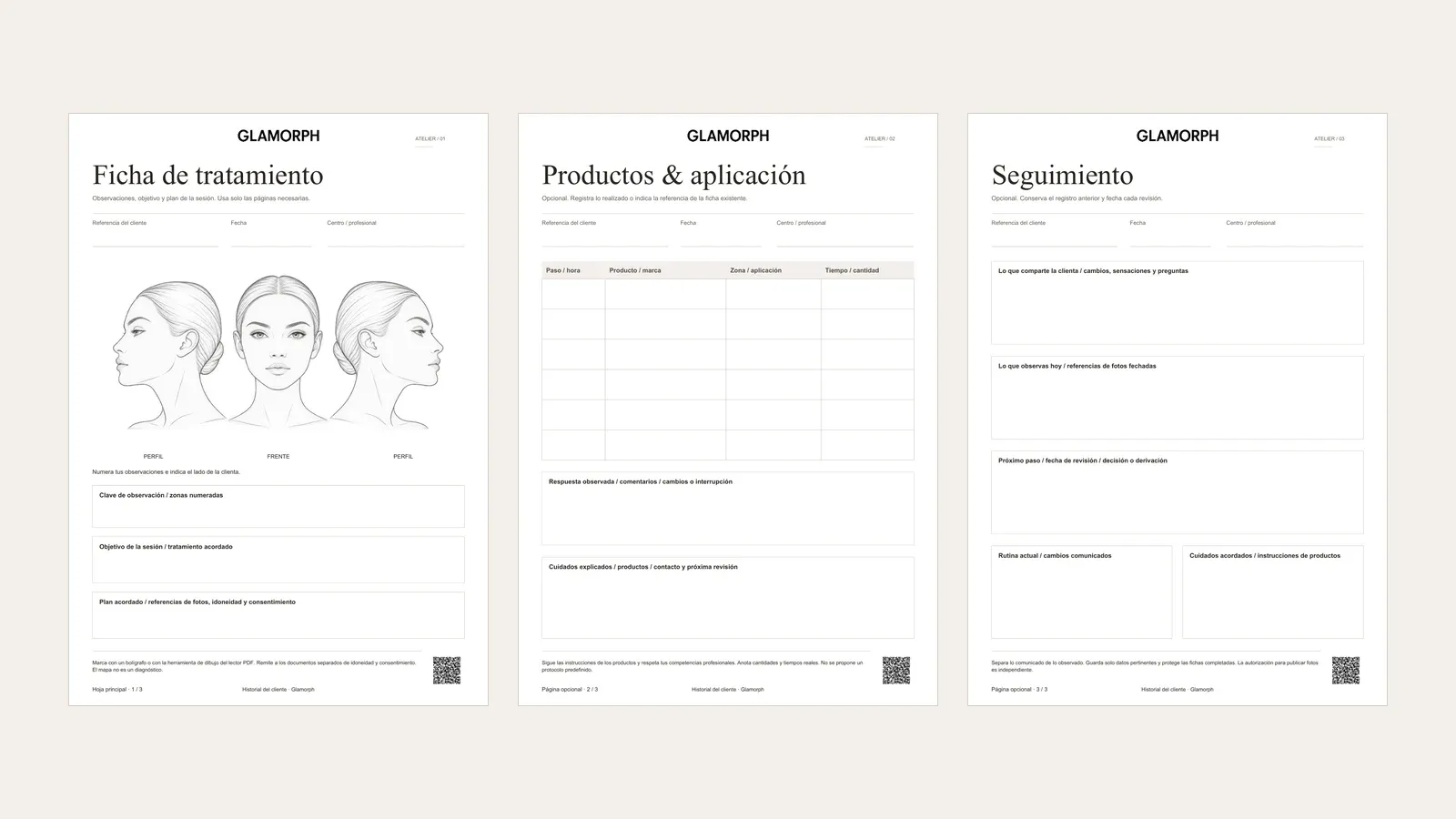 Tres páginas del registro facial: mapa del rostro, productos y seguimiento.