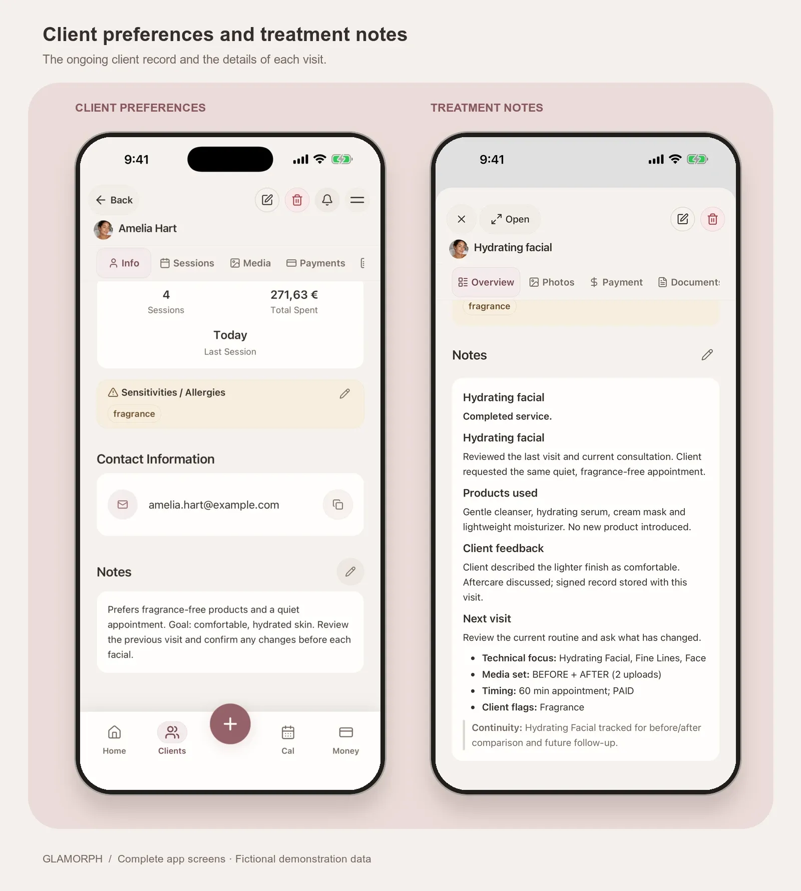 Glamorph showing Amelia Hart's fictional client preferences and the notes from a hydrating facial.