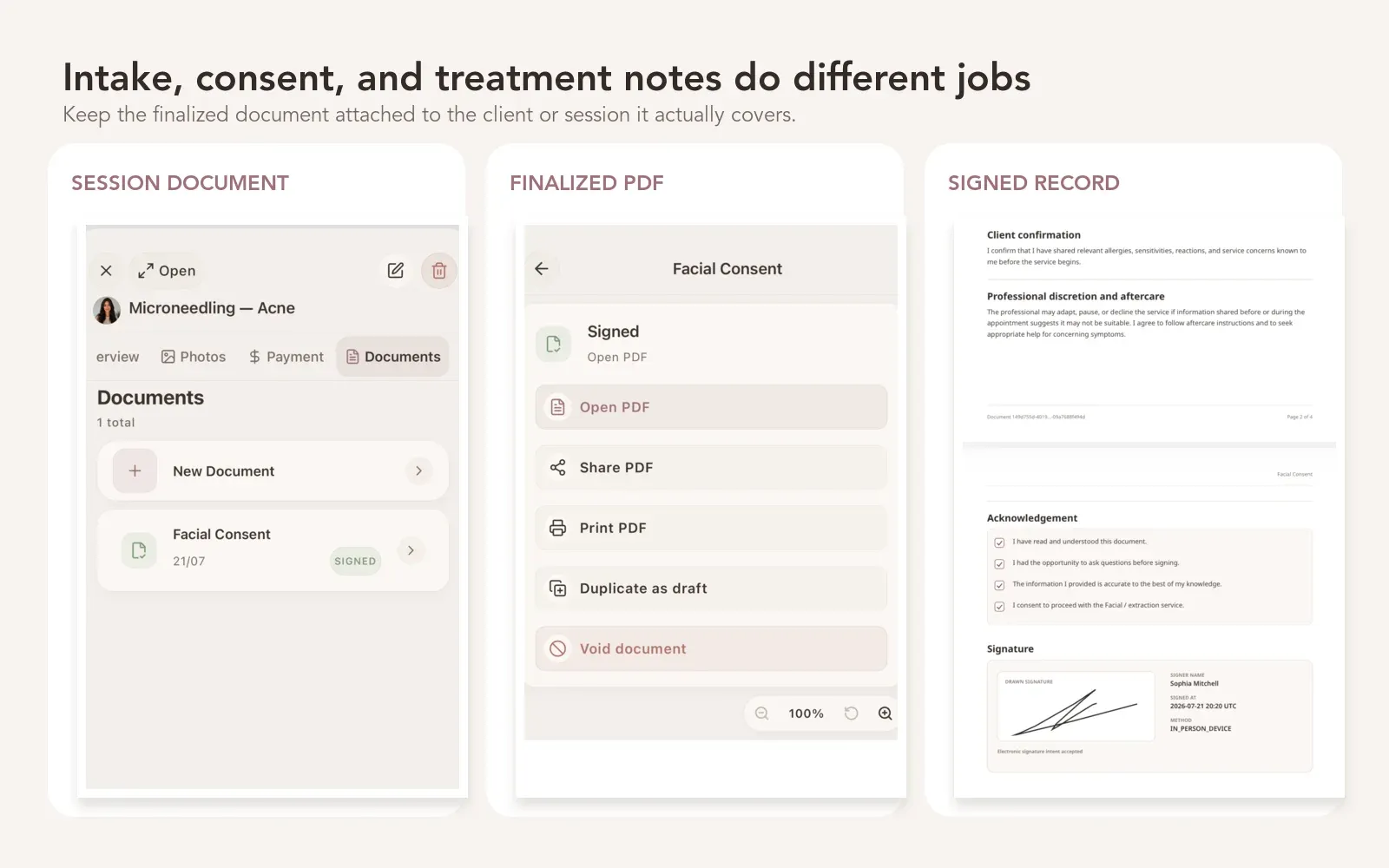 A Glamorph session document list, finalized facial consent PDF, and signed client record kept with the treatment history.