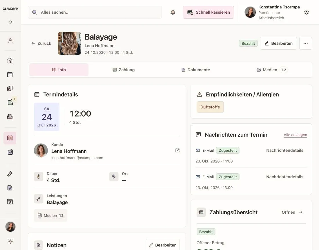 Farbtermin in der deutschen Glamorph-Web-App mit einer dokumentierten Dienstleistung und zugehörigen Details.