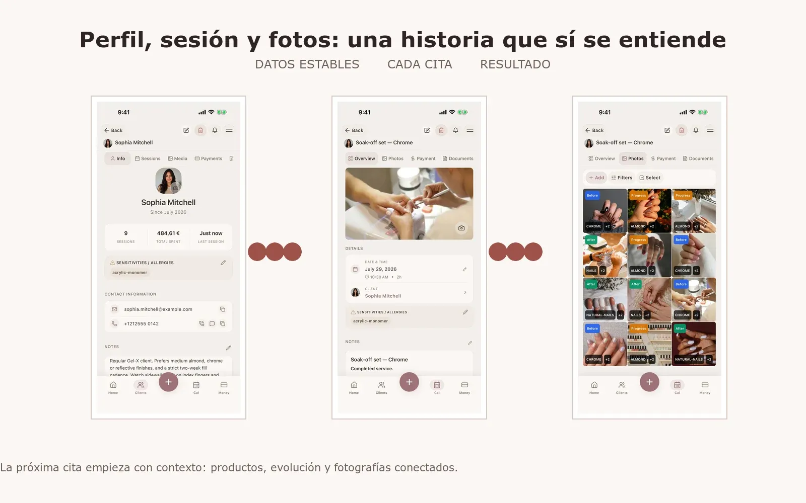 Una ficha de clienta en Glamorph con perfil, sesión de manicura y fotos del resultado conectadas a la misma cita.