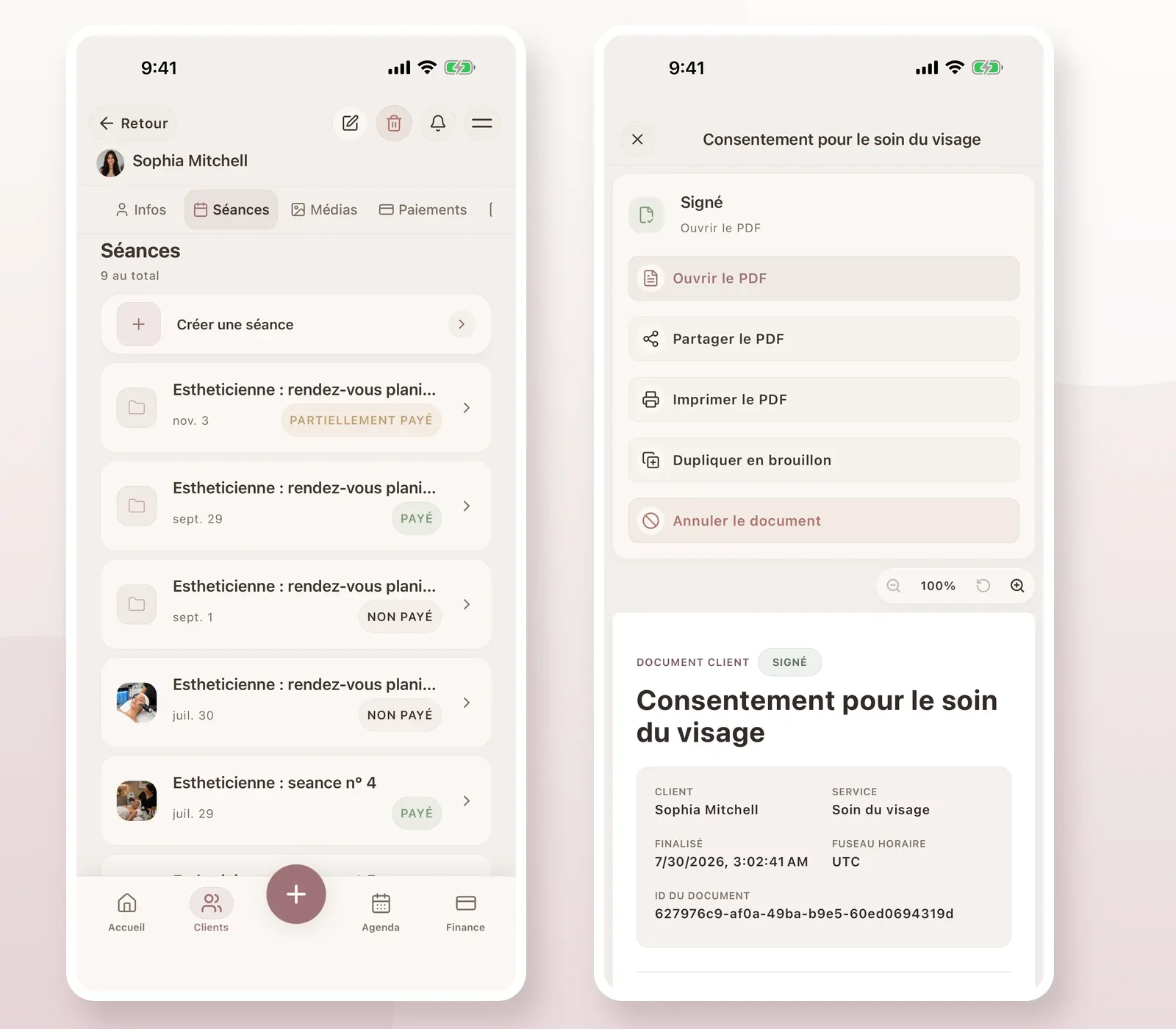Deux écrans Glamorph en français montrent en entier l’historique des séances d’une cliente et son document de consentement PDF signé.