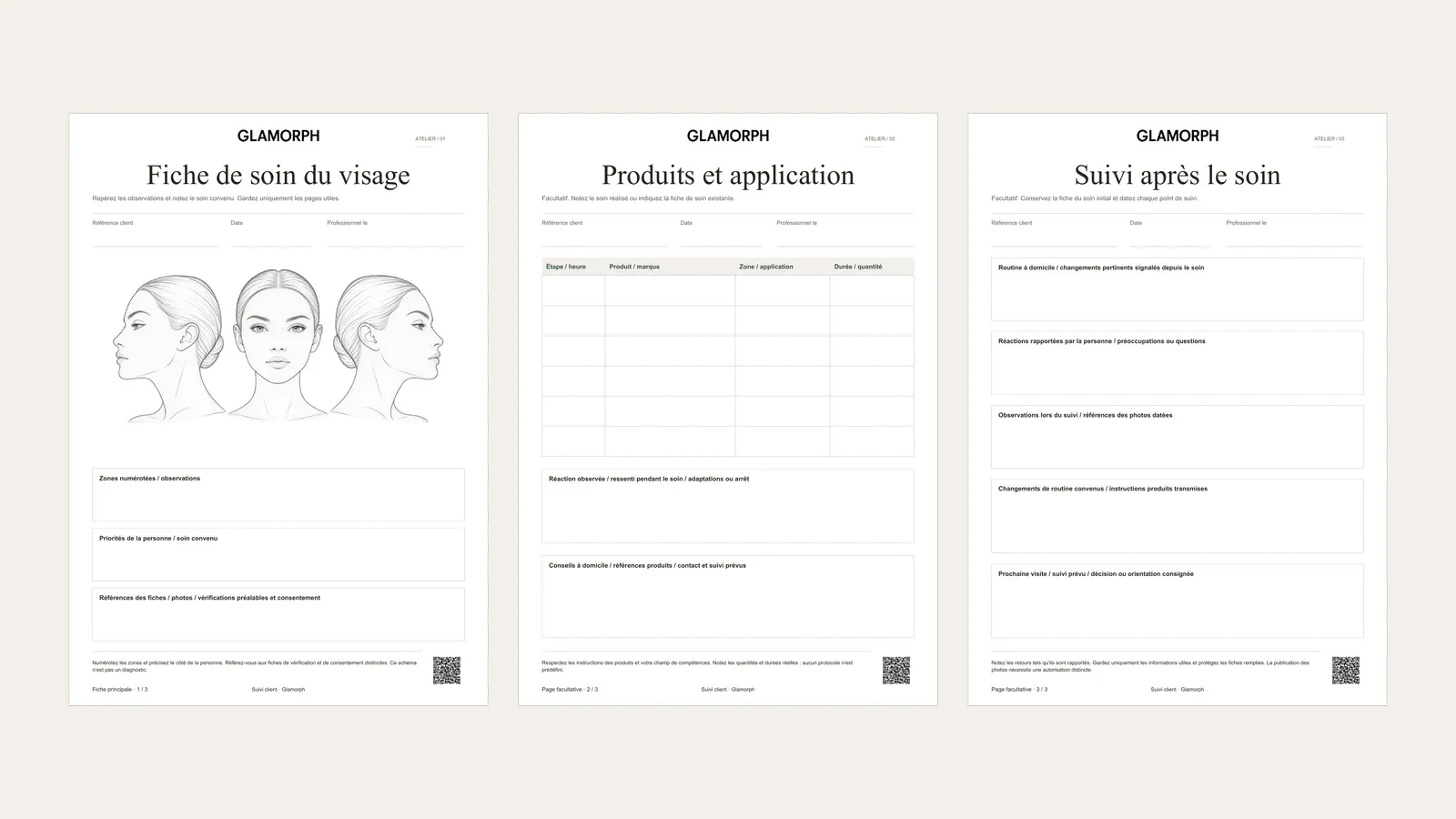 Trois pages complètes du carnet sauge : schéma du visage et du cou, tableau des produits et suivi après le soin.