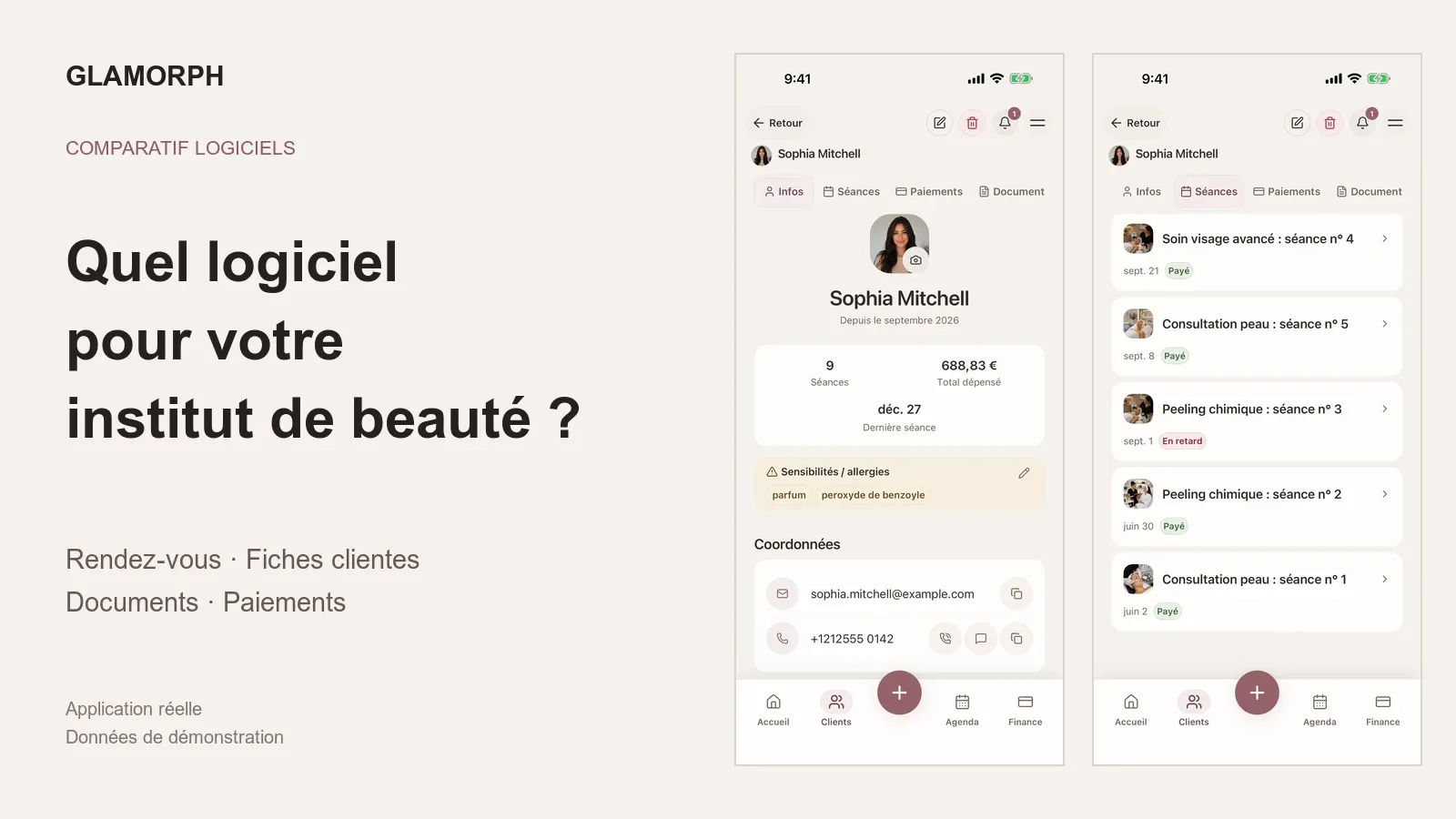 Glamorph en français : fiche cliente et historique des soins d’un institut, avec des données de démonstration.