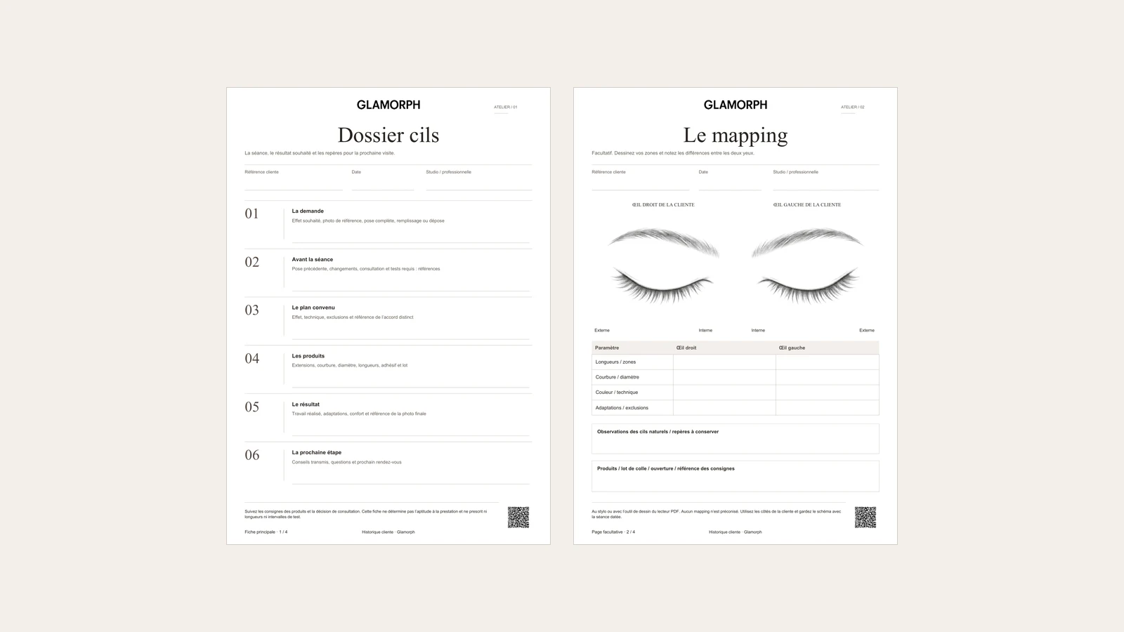 Carnet Atelier pour les extensions de cils, avec fiche de séance et mapping des deux yeux.