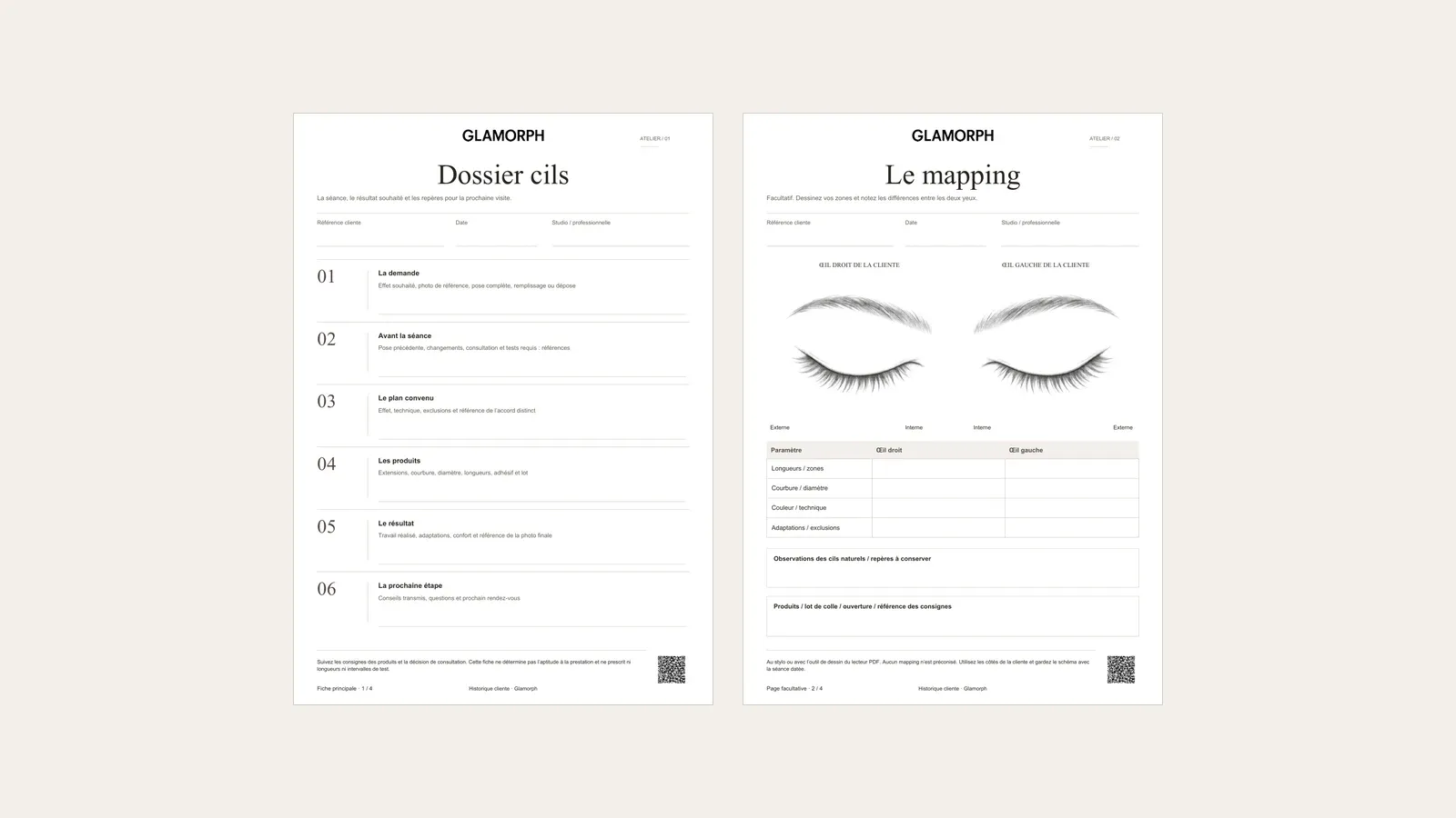 Carnet Atelier pour les extensions de cils, avec fiche de séance et mapping des deux yeux.