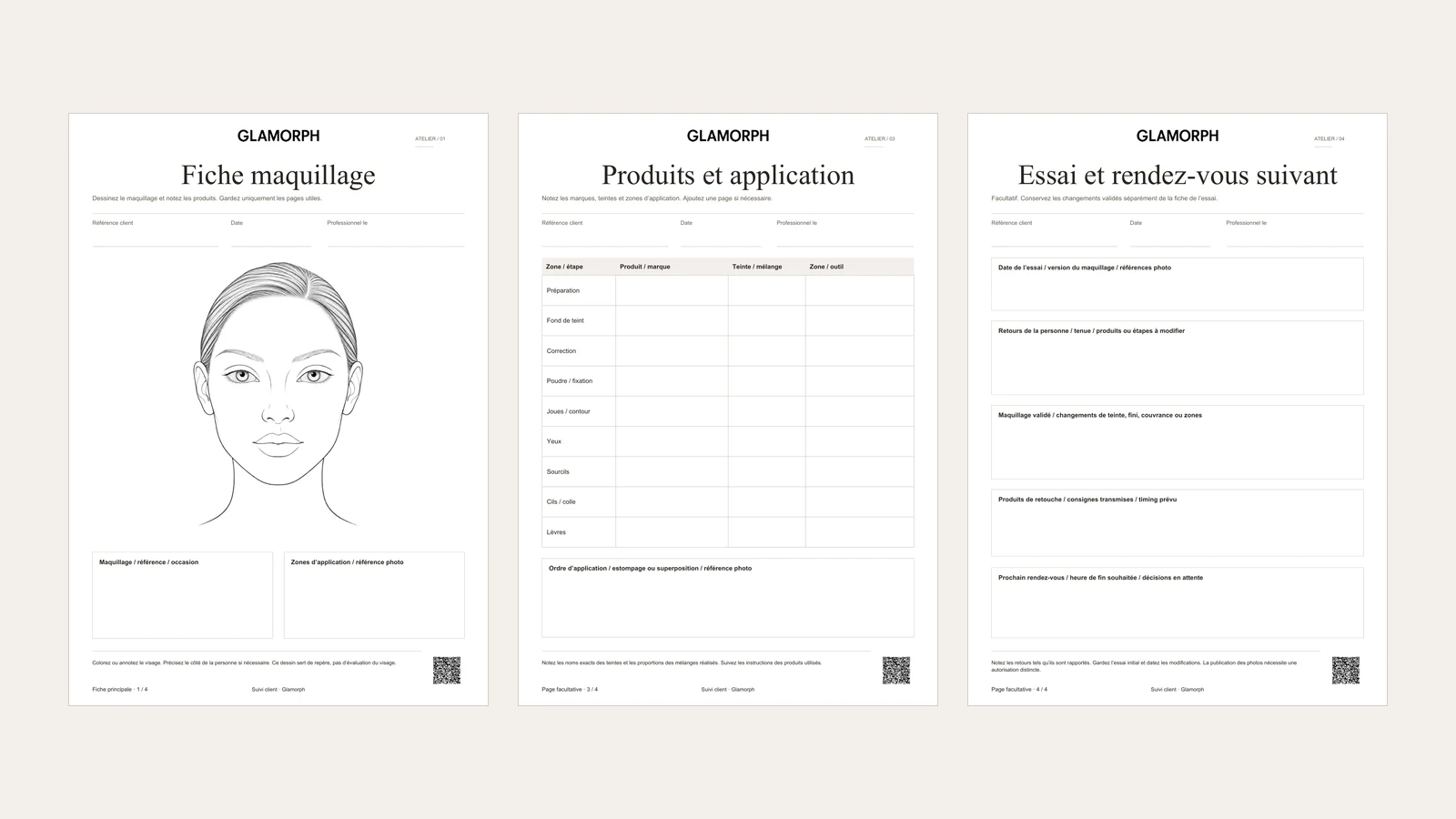 Trois pages complètes du carnet beige : visage à annoter, tableau des produits et suivi de l’essai.