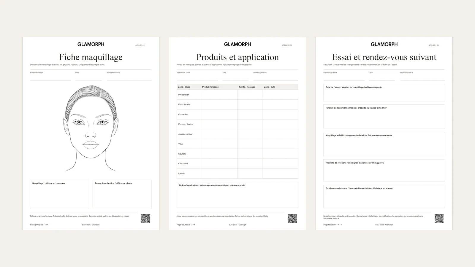 Trois pages complètes du carnet beige : visage à annoter, tableau des produits et suivi de l’essai.