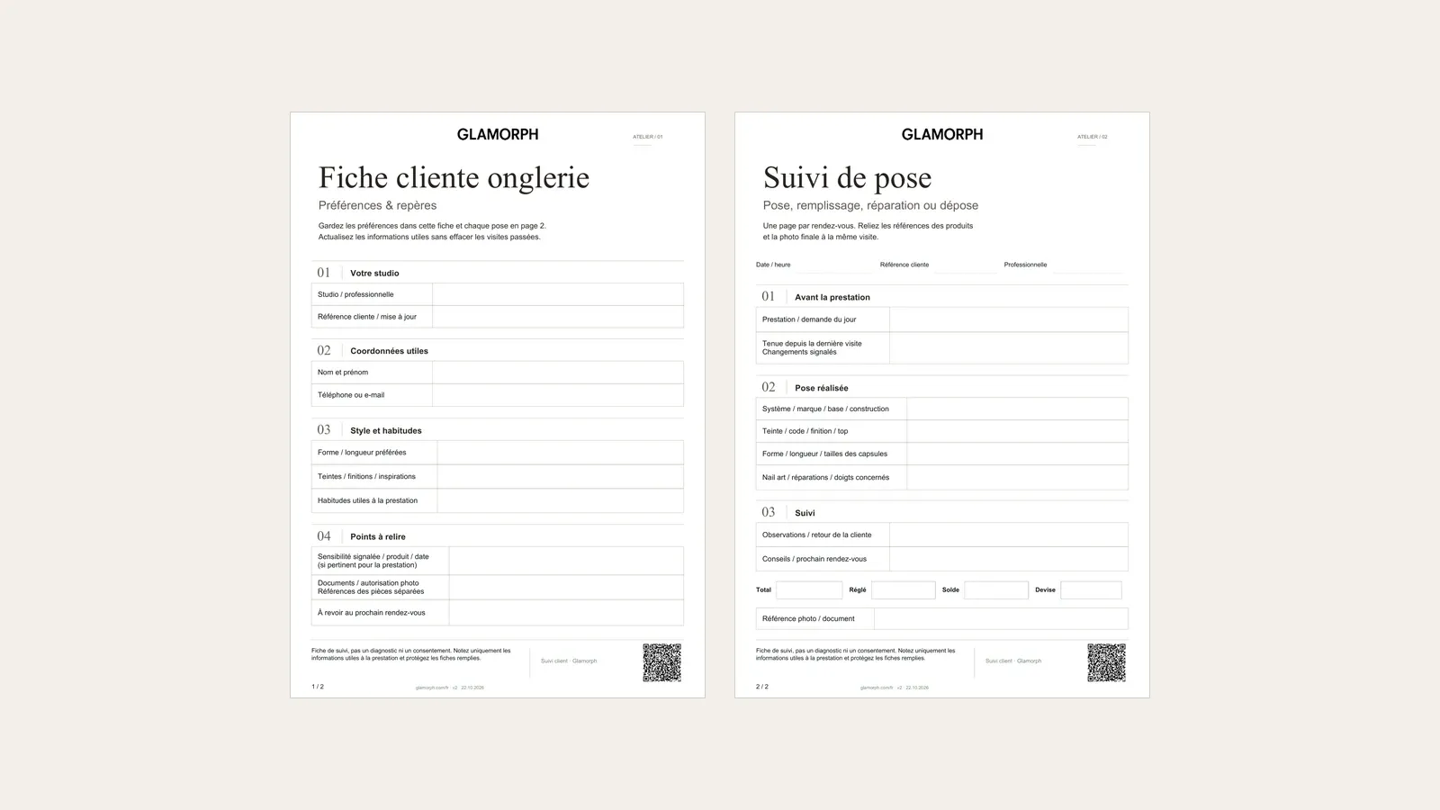 Les deux pages de la fiche cliente onglerie : préférences et suivi daté de chaque pose.