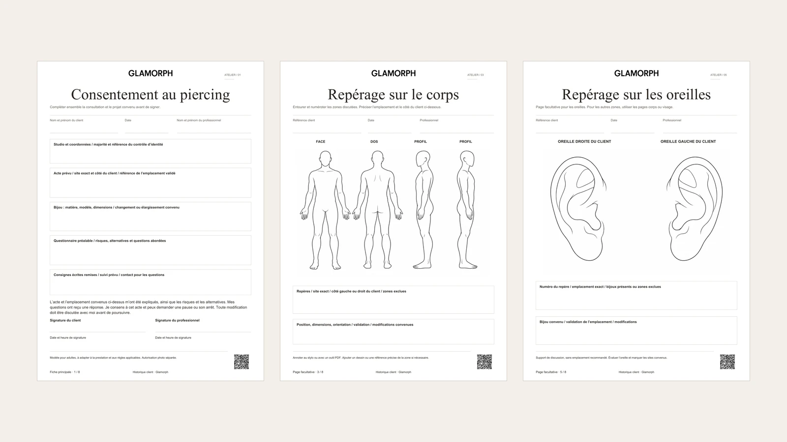 Trois pages complètes du dossier piercing : consentement, repérage sur le corps et schéma des oreilles.