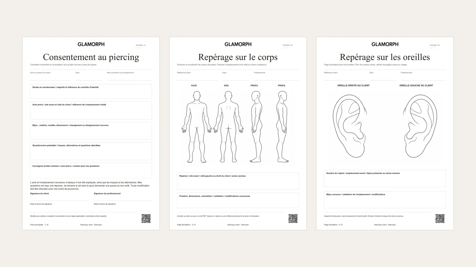 Trois pages complètes du dossier piercing : consentement, repérage sur le corps et schéma des oreilles.