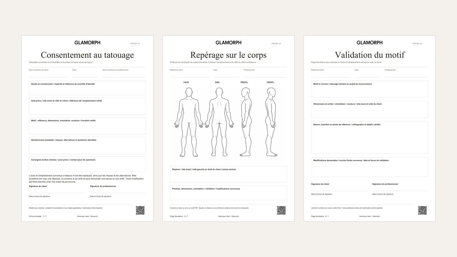 Trois pages complètes du dossier tatouage : consentement, schéma du corps et validation du motif.