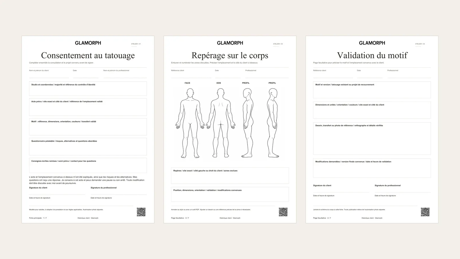 Trois pages complètes du dossier tatouage : consentement, schéma du corps et validation du motif.