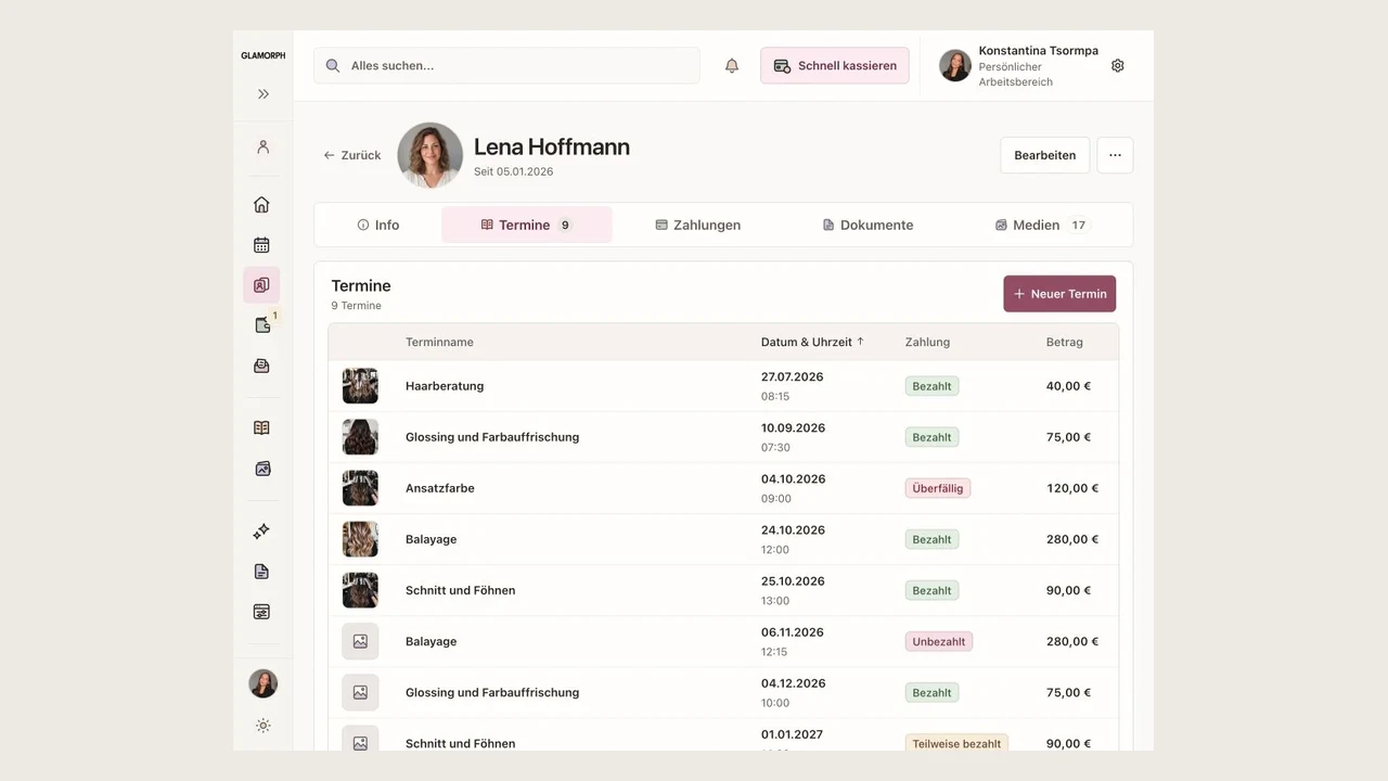 Deutsche Glamorph-Web-App mit einer fiktiven Friseur-Kundenhistorie.