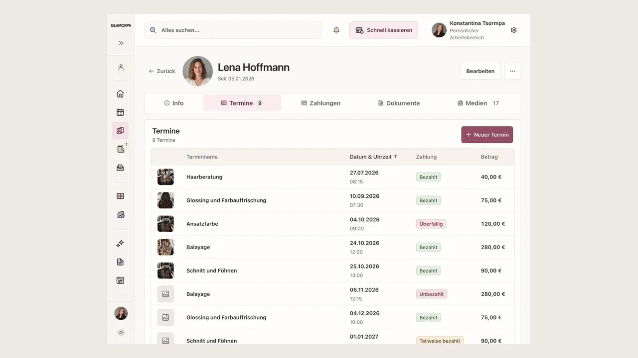 Deutsche Glamorph-Web-App mit einer fiktiven Friseur-Kundenhistorie.