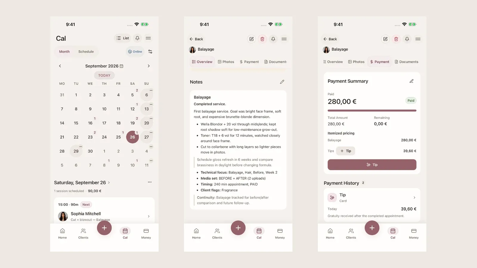 Schermate complete di Glamorph con agenda, note di un servizio colore e pagamento. Dati dimostrativi per parrucchieri.