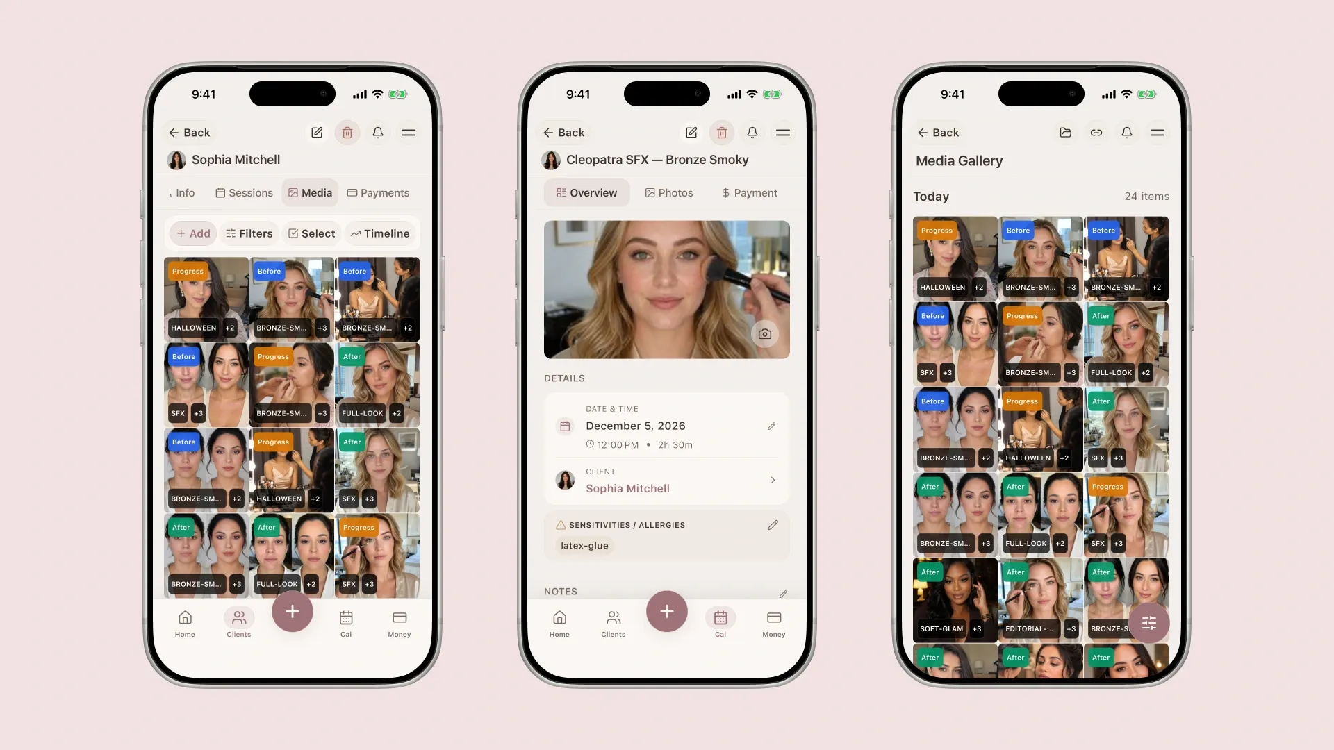 Organized makeup client gallery with tagged before and after photos.