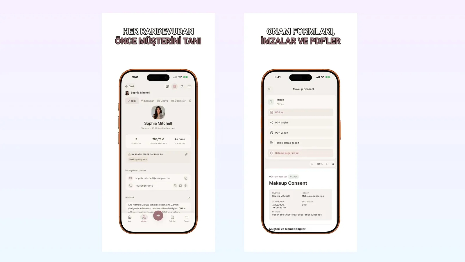 Türkçe Glamorph müşteri profili ile onam formları ve imzalı PDF belgeleri.