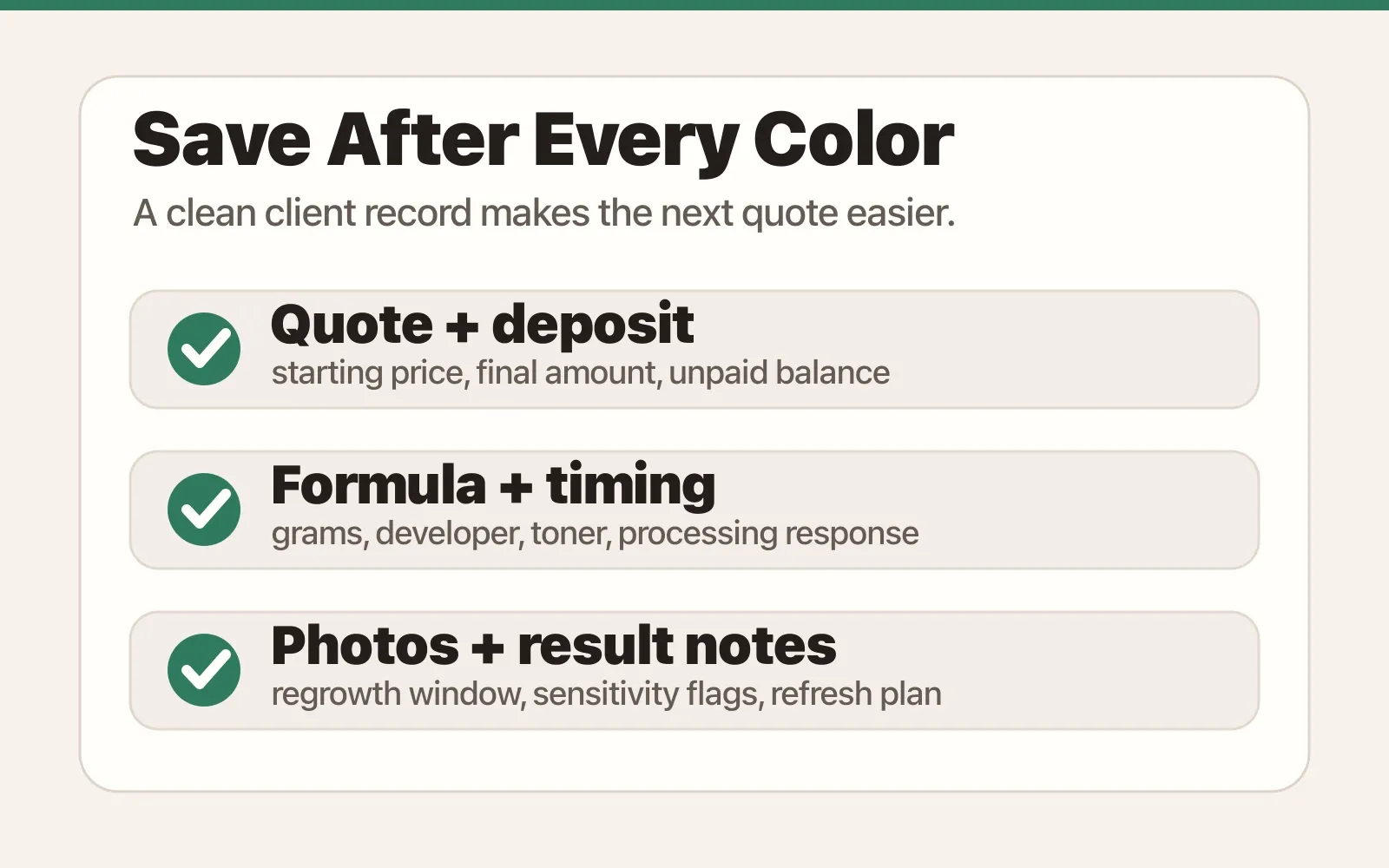 Hair color client record workflow showing quote and payment, formula and timing, and next visit context.