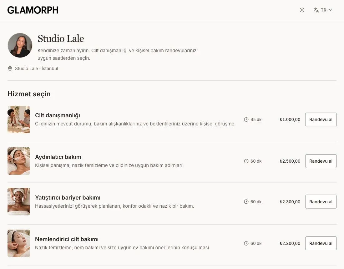 Glamorph'un Türkçe rezervasyon sayfasında farklı görselleri, açıklamaları, süreleri ve fiyatları olan salon hizmetleri.