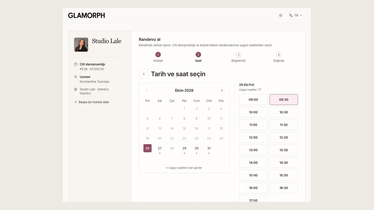 Glamorph Türkçe rezervasyon akışında hizmet, takvim ve uygun saatler.
