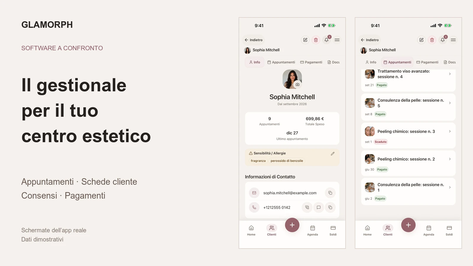 Glamorph in italiano: scheda cliente e storico dei trattamenti di un centro estetico, con dati dimostrativi.